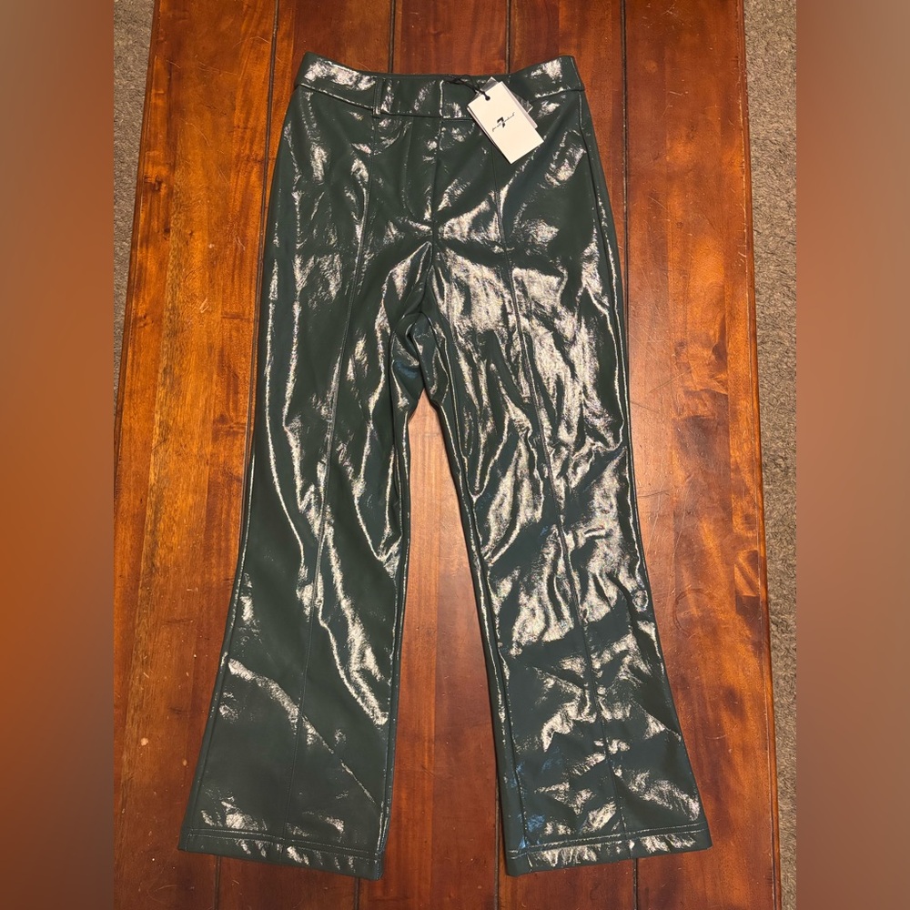 NWT 7 For All Man Kind Women’s Dark Green Faux Leather Boot Cut Pant size medium